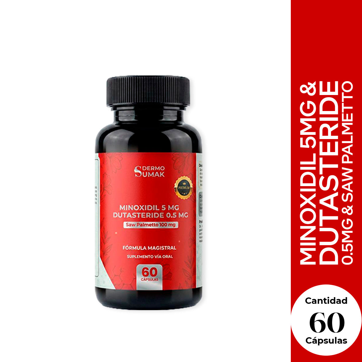 PREMIUN - MINOXIDIL 5MG & DUTASTERIDE 0.5MG & SAW PALMETTO 60 CAPSULAS DERMO SUMAK