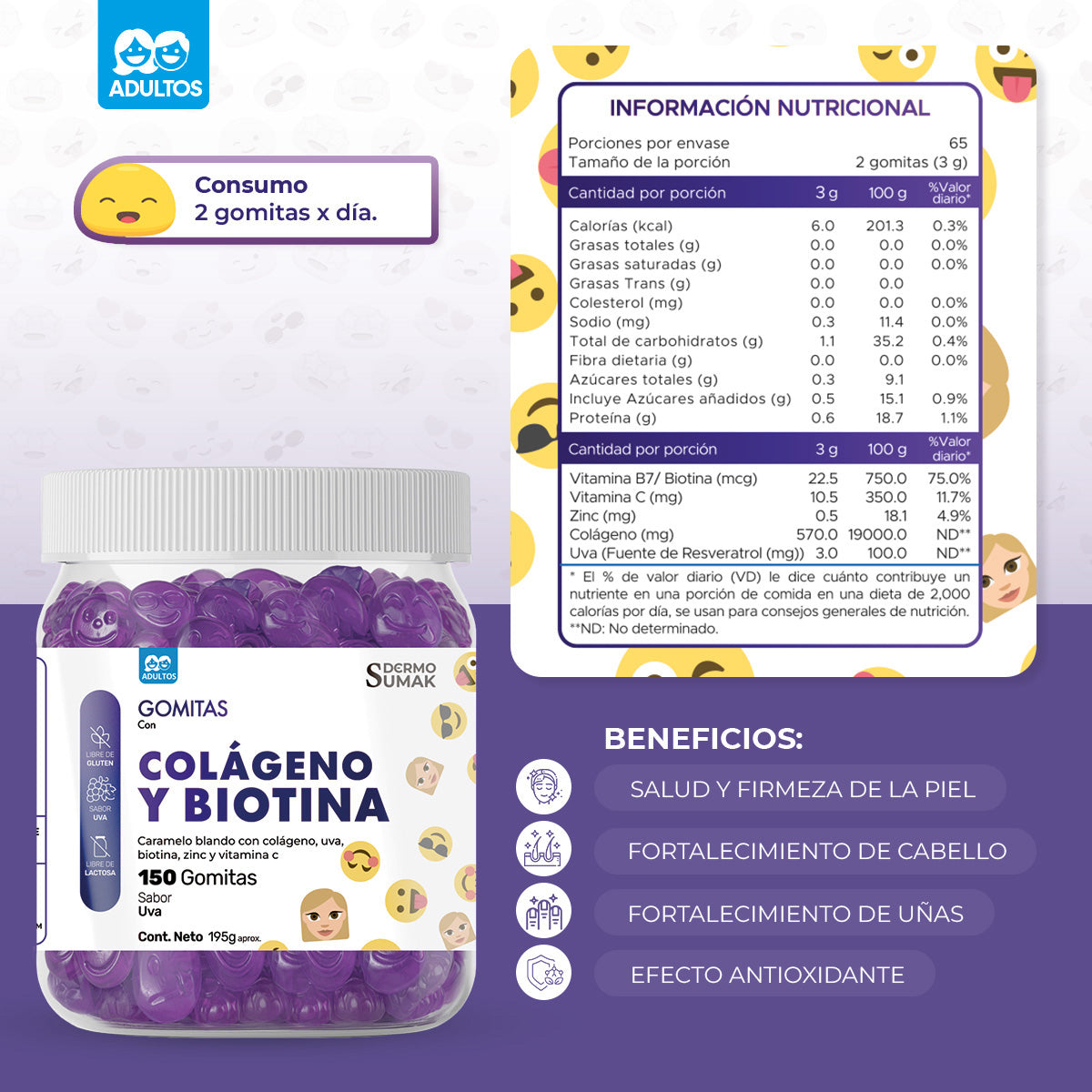 GOMITAS COLÁGENO Y BIOTINA - ADULTO 150 GOMITAS - DERMO SUMAK
