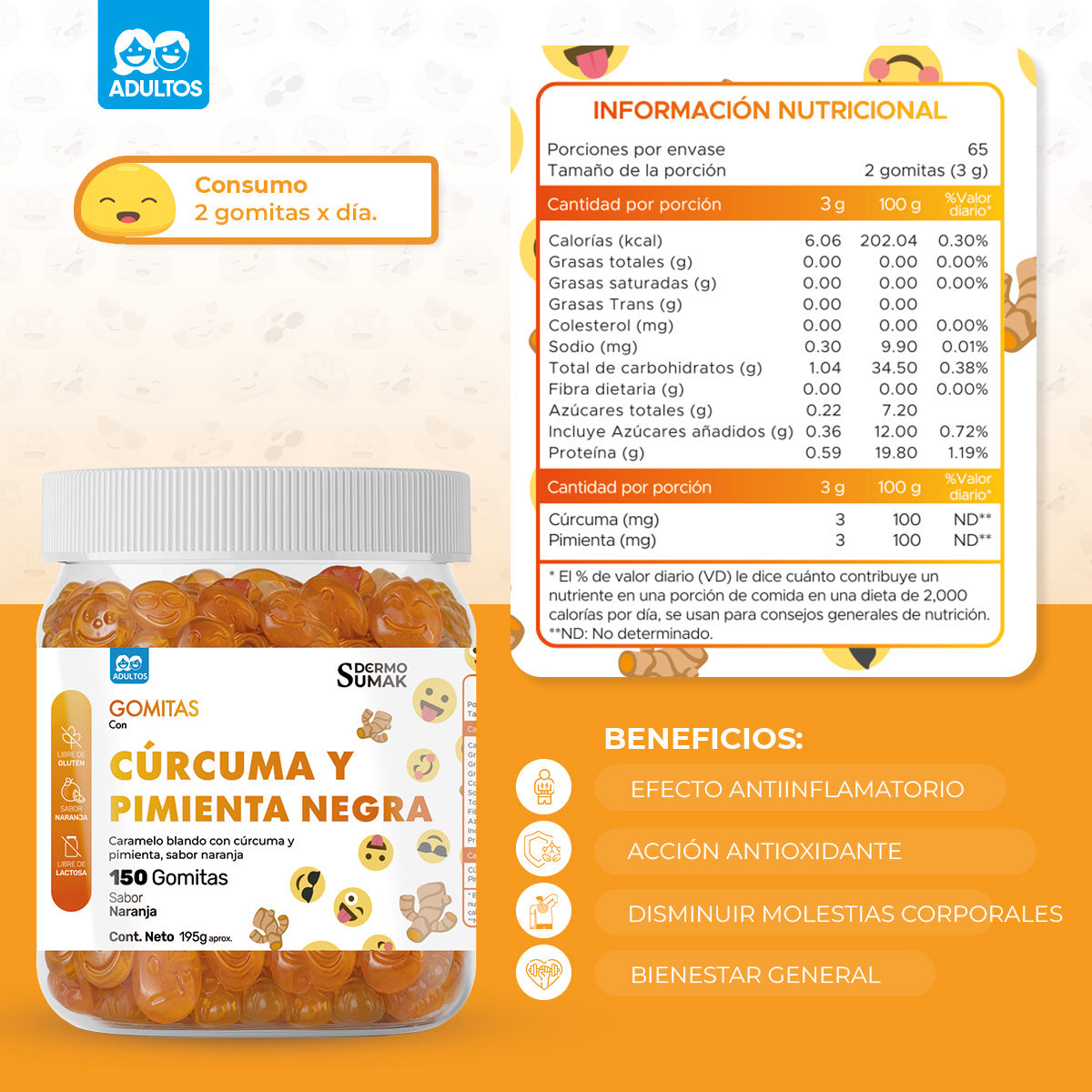 GOMITAS DE CURCUMA Y PIMIENTA NEGRA ADULTOS 150 GOMITAS - DERMO SUMAK