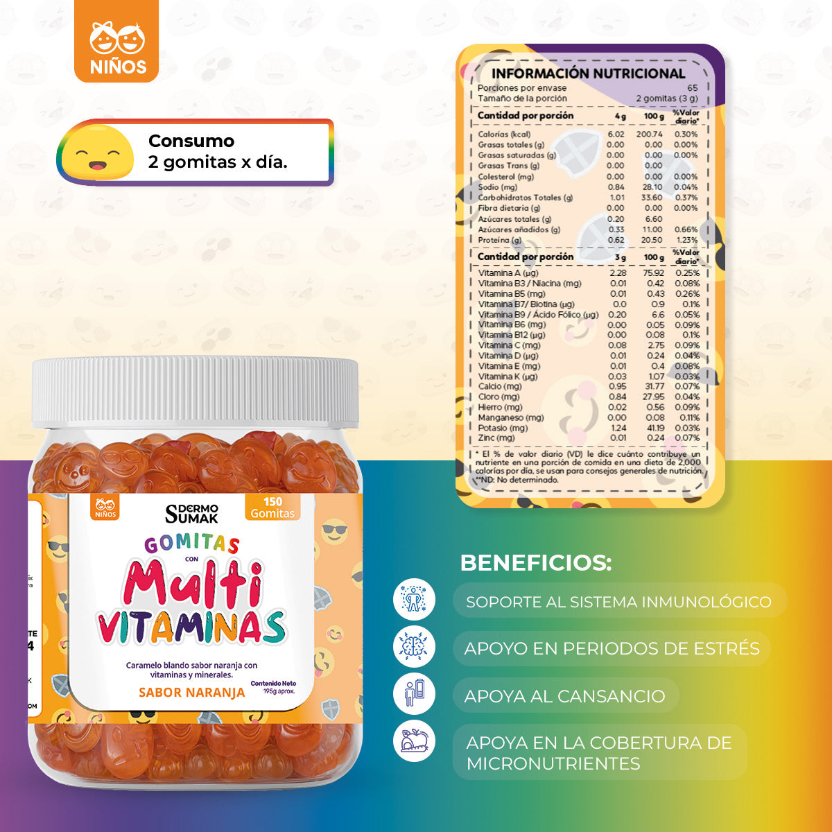 GOMITAS MULTI-VITAMINAS - NIÑOS 150 GOMITAS - DERMO SUMAK