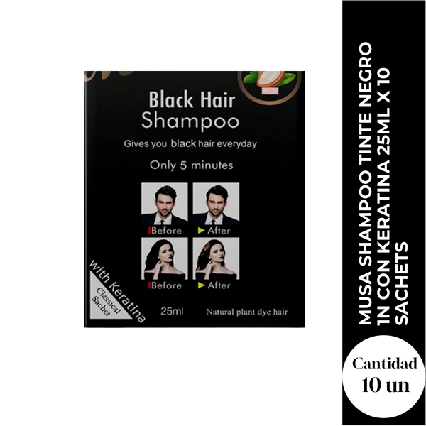 Musa Shampoo Tinte Negro 1N con Keratina 25ml x 10 Sachets