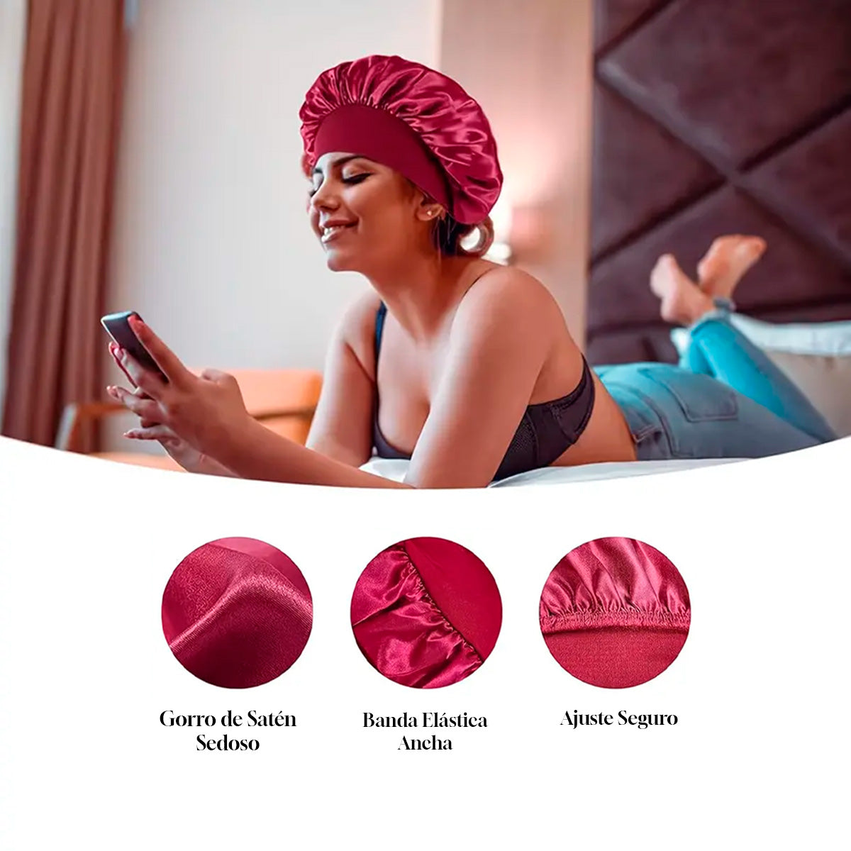 GORRO SATIN PARA DORMIR CABELLO LISO Y RIZADO EVITA ENREDOS (ROSA /NEGRO)
