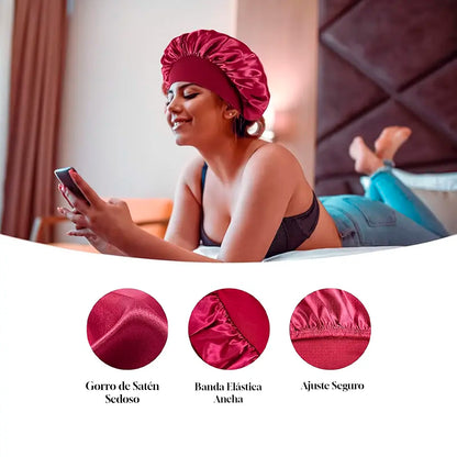 GORRO SATIN PARA DORMIR CABELLO LISO Y RIZADO EVITA ENREDOS (ROSA /NEGRO)
