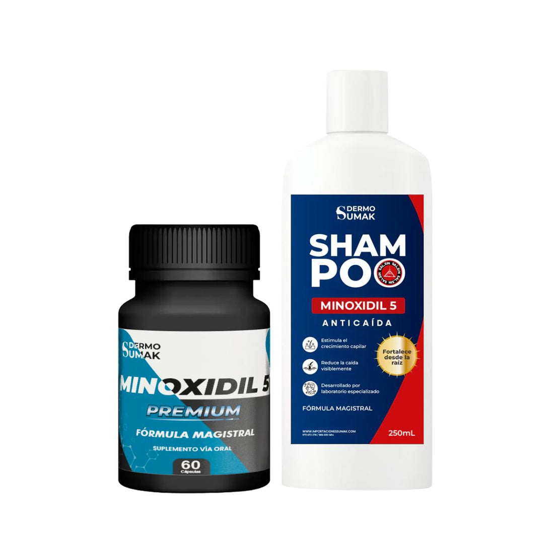 MINOXIDIL 5MG PREMIUN 60 CAPS DERMOSUMAK + SHAMPOO CON 5% DE MINOXIDIL 250ML DERMO SUMAK