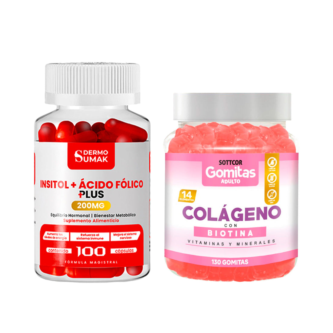 Inositol Acido Folico 200mg - 100 Cap - Dermo Sumak+Gomitas de Colágeno y Biotina