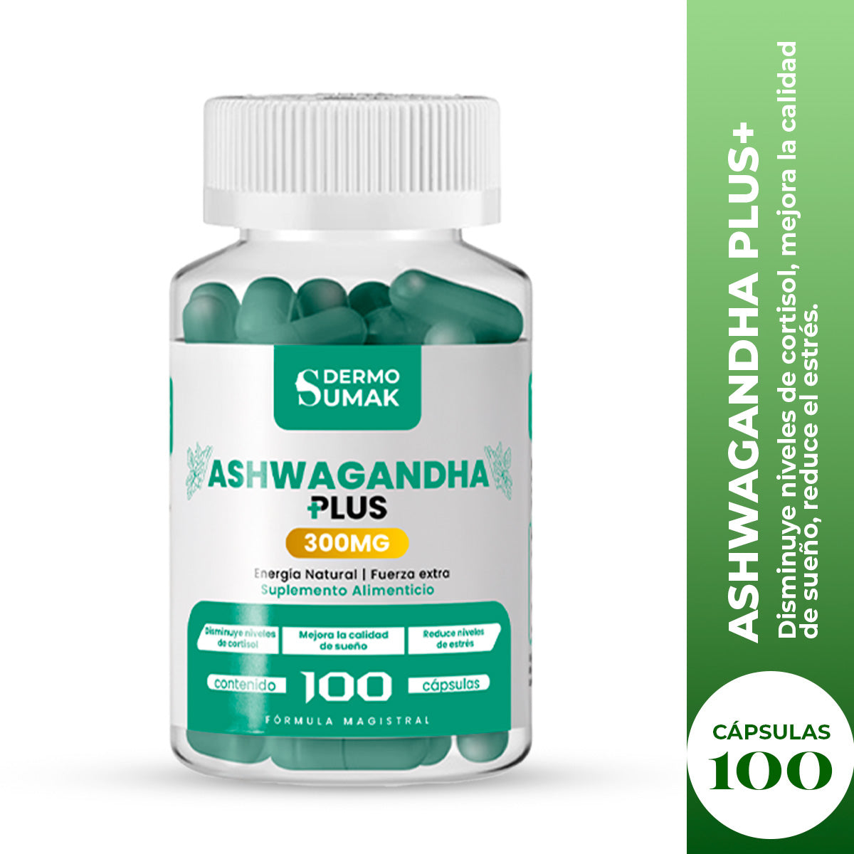 DERMO SUMAK – SUPLEMENTO PARA ESTRÉS, ENERGÍA Y BIENESTAR MENTAL – ASHWAGANDHA PLUS+ – 100 CÁPSULAS