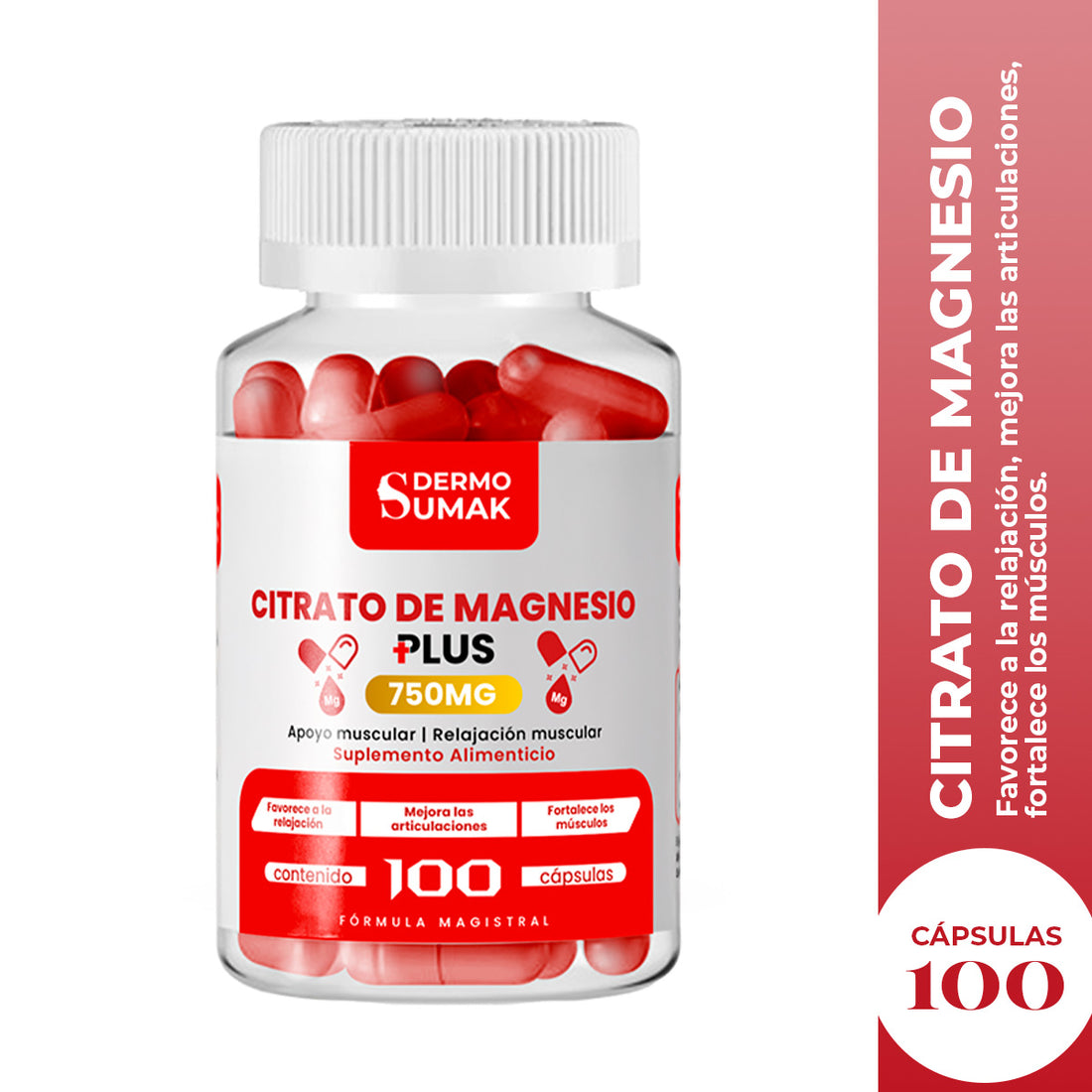 DERMO SUMAK – SUPLEMENTO PARA SALUD MUSCULAR Y NERVIOS – CITRATO DE MAGNESIO PLUS – 100 CÁPSULAS