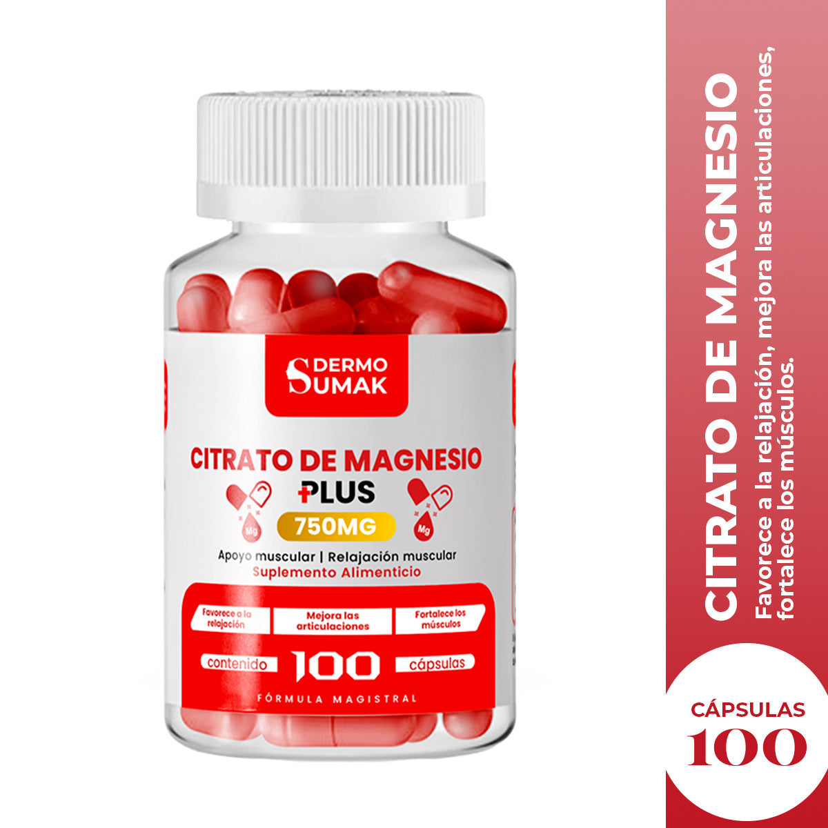 DERMO SUMAK – SUPLEMENTO PARA SALUD MUSCULAR Y NERVIOS – CITRATO DE MAGNESIO PLUS – 100 CÁPSULAS