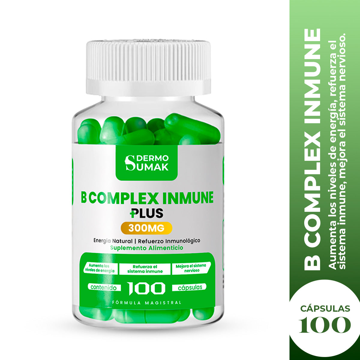 DERMO SUMAK – SUPLEMENTO PARA ENERGÍA Y SISTEMA INMUNE – COMPLEJO B INMUNE – 100 CÁPSULAS