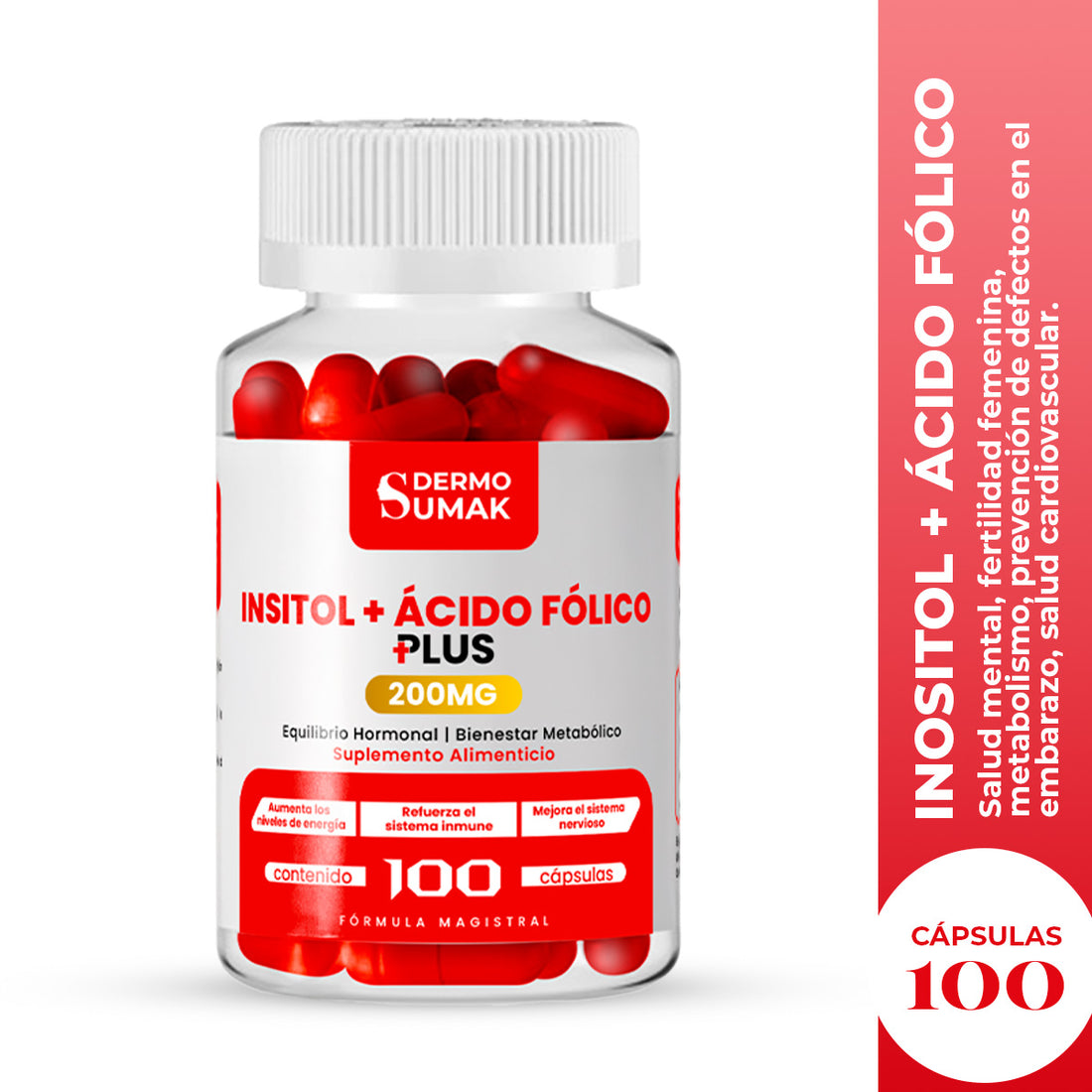DERMO SUMAK – SUPLEMENTO PARA EQUILIBRIO HORMONAL Y REPRODUCTIVO – INOSITOL + ÁCIDO FÓLICO – 100 CÁPSULAS