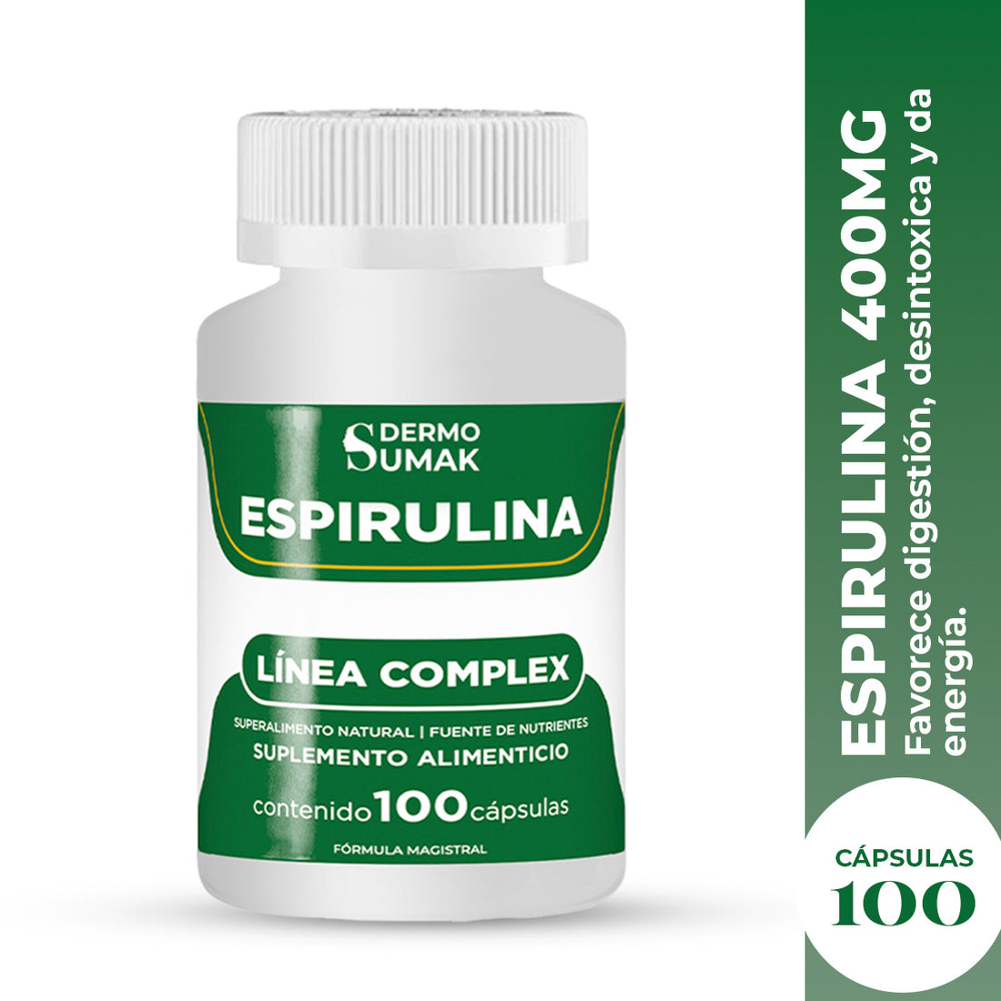 DERMO SUMAK – SUPLEMENTO PARA ENERGÍA Y DEFENSAS – ESPIRULINA SUPERALIMENTO NATURAL – 100 CÁPSULAS