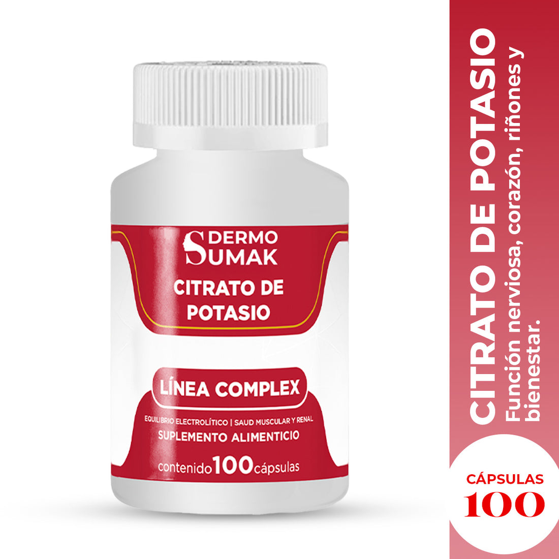 DERMO SUMAK – SUPLEMENTO PARA SALUD MUSCULAR Y NERVIOSA – CITRATO DE POTASIO SALUD MUSCULAR – 100 CÁPSULAS