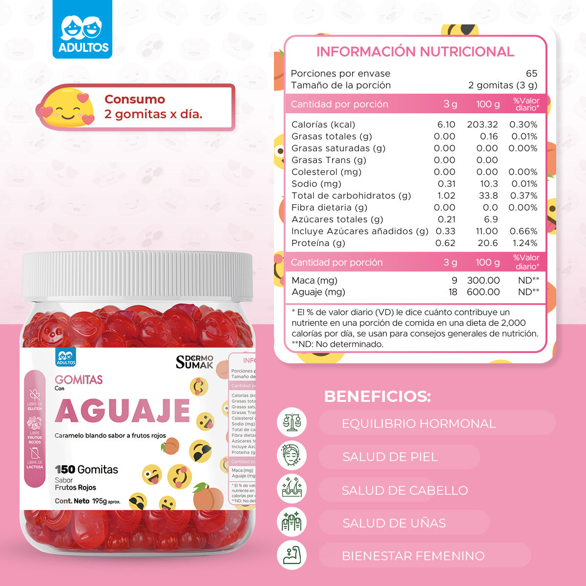 GOMITAS AGUAJE - ADULTO 150 GOMITAS - DERMO SUMAK