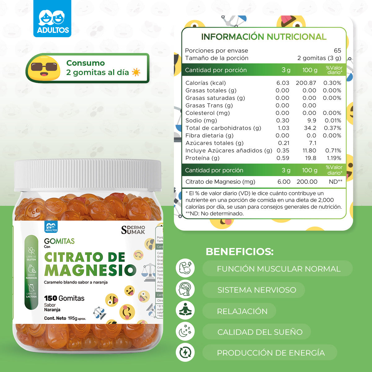GOMITAS CITRATO DE MAGNESIO - ADULTO 150 GOMITAS - DERMO SUMAK