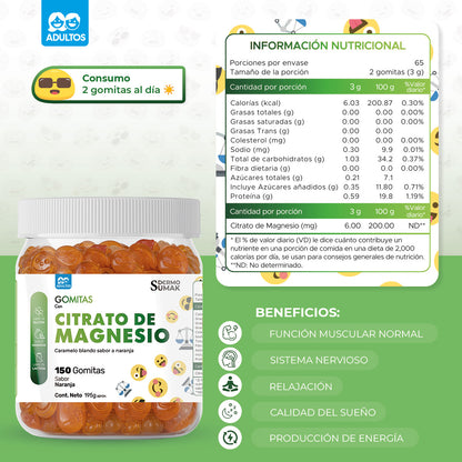 GOMITAS CITRATO DE MAGNESIO - ADULTO 150 GOMITAS - DERMO SUMAK