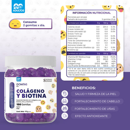 GOMITAS COLÁGENO Y BIOTINA - ADULTO 150 GOMITAS - DERMO SUMAK