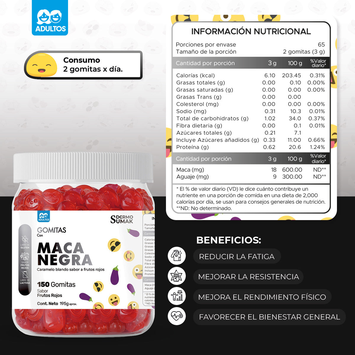 GOMITAS MACA NEGRA - ADULTO 150 GOMITAS - DERMO SUMAK