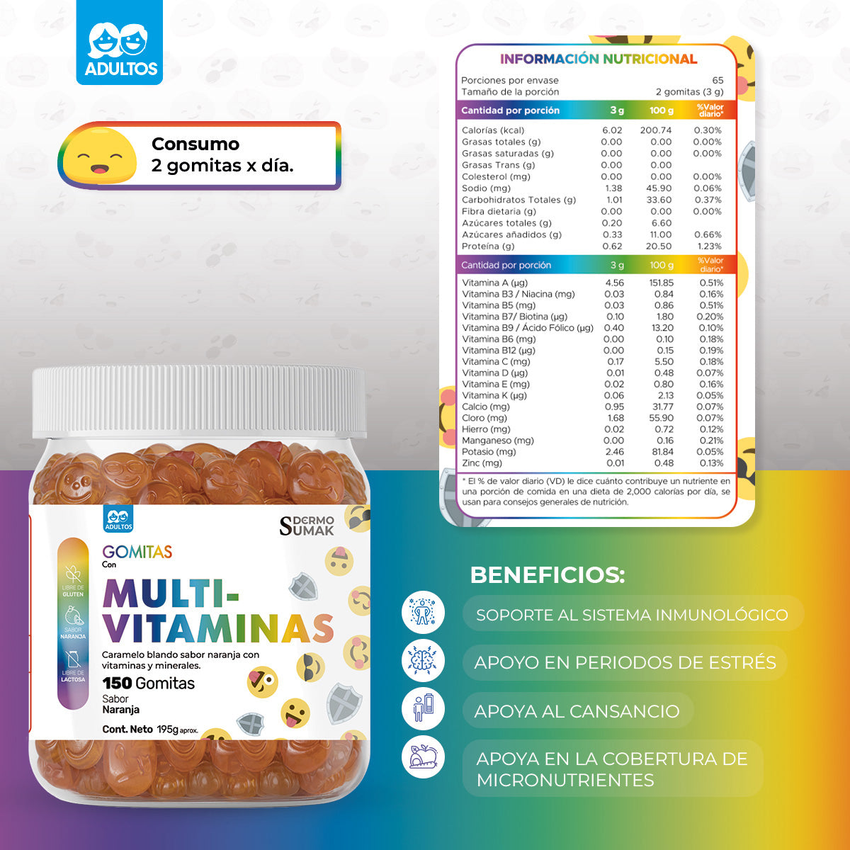 GOMITAS MULTI-VITAMINAS - ADULTO 150 GOMITAS - DERMO SUMAK