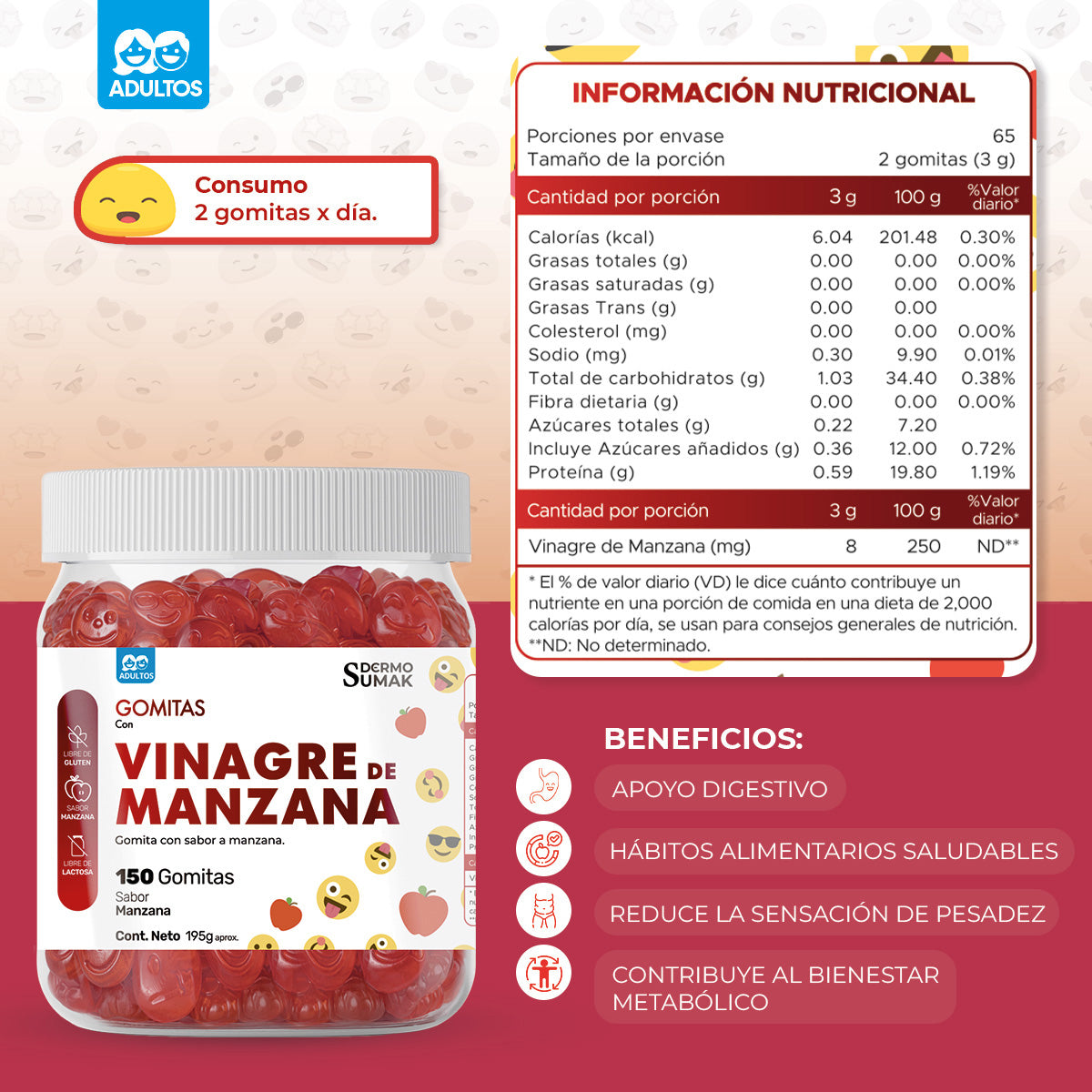 GOMITAS VINAGRE DE MANZANA - ADULTO 150 GOMITAS - DERMO SUMAK