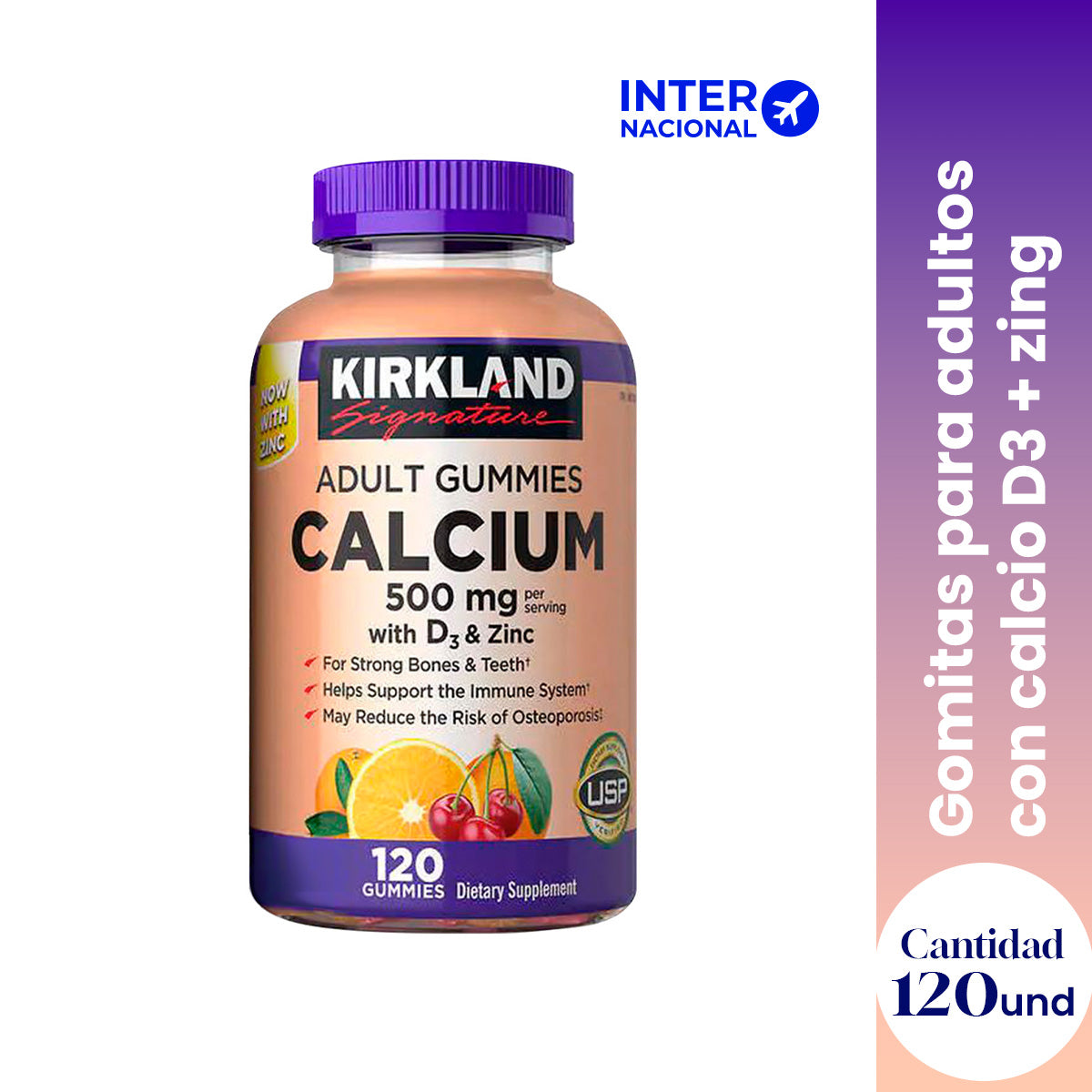 KIRKLAND SIGNATURE – Gomitas de Calcio con Vitamina D3 y Zinc – Fortalecimiento Óseo e Inmunológico – 120 unidades