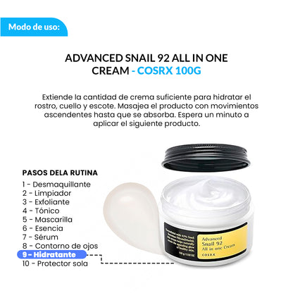 COSRX Crema Facial Reparadora – Advanced Snail 92 All In One Cream 100ml + Regalo Mini Sachets