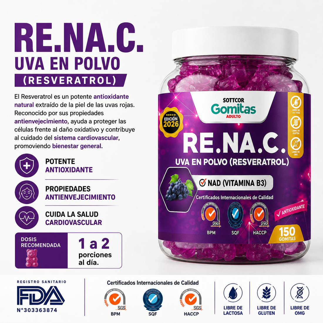 GOMITAS RE.NA.C UVA EN POLVO RESVERATROL ADULTO - SOTTCOR